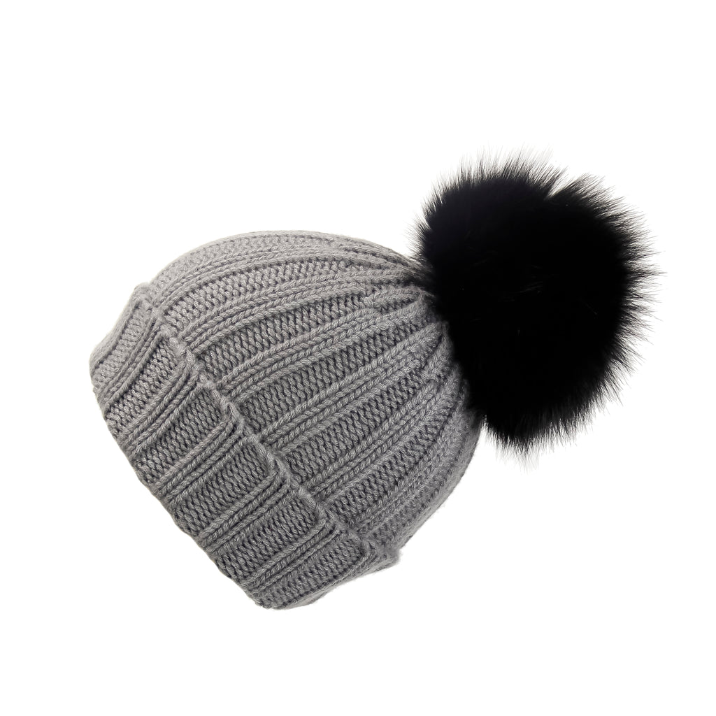 Fold-Over Grey Cashmere Hat with Black Pom-Pom
