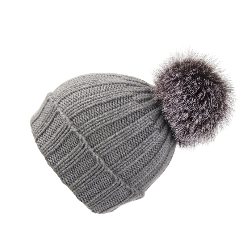 Fold-Over Grey Cashmere Hat with Dark Lilac Pom-Pom, Hat with Pom - Loveknitz