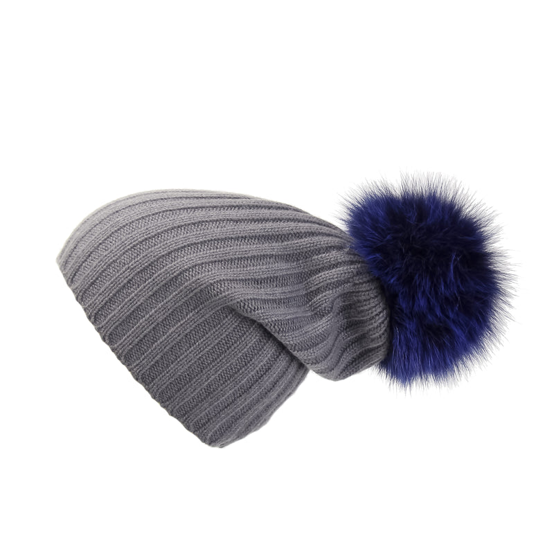 Ribbed Grey Cashmere Hat with Electric Blue Pom-Pom, Hat with Pom - Loveknitz