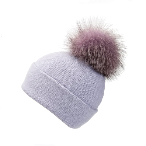 Pearl Stitched Light Grey Cashmere Hat with Lilac Pom-Pom
