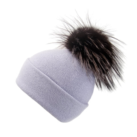 Reversible Slouchy Black Cashmere Hat with White Heart and White Pom-Pom