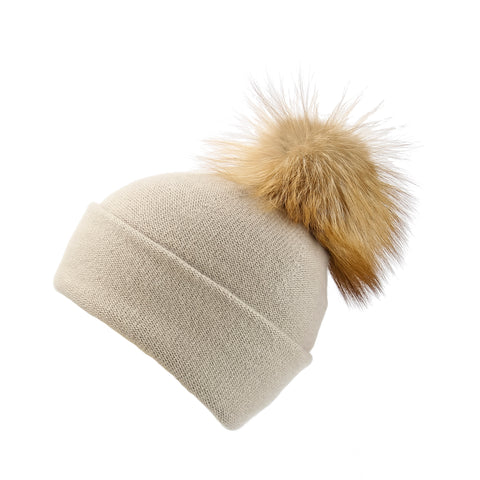 Reversible Slouchy Grey & Caramel Striped Cashmere Hat with Light Caramel Pom-Pom