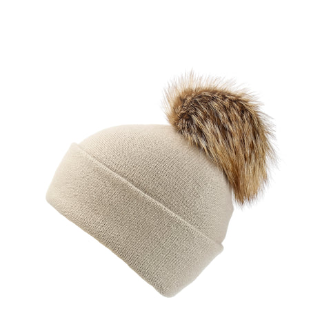 Grey Reversible Slouchy Cashmere Hat with Ivory Rim and White Fur Pom