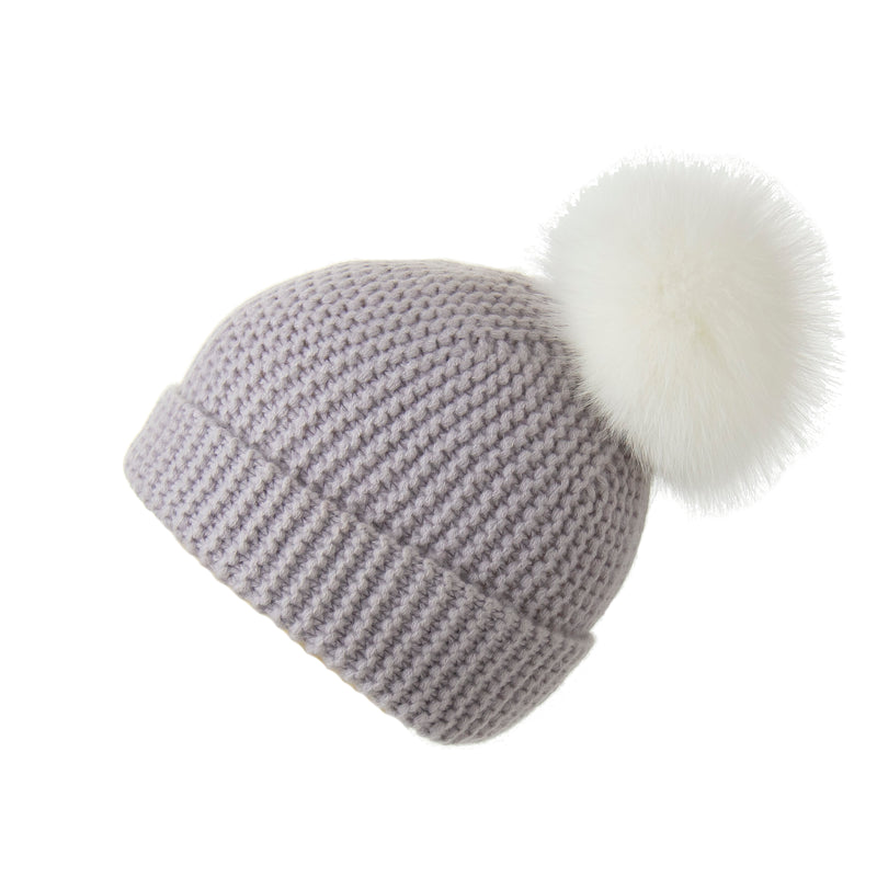 Pearl Stitched Light Grey Cashmere Hat with White Pom-Pom, Hat with Pom - Loveknitz