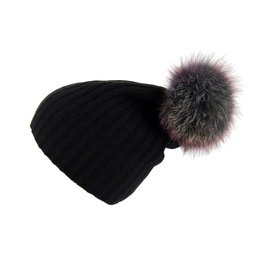 Ribbed Black Cashmere Hat with Rainbow Pom-Pom, Hat with Pom - Loveknitz