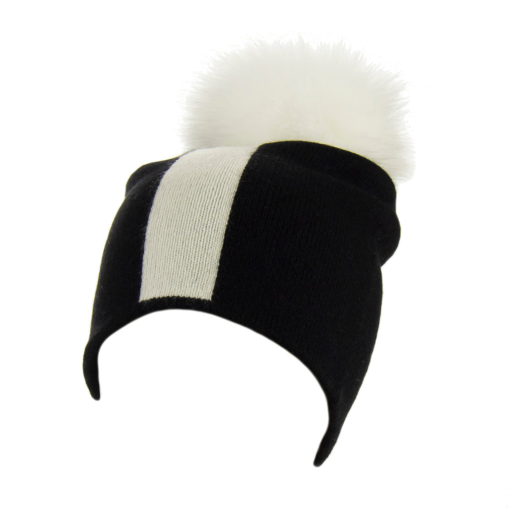 Reversible Slouchy Black & White Striped Cashmere Hat with White Pom-Pom, Hat - Loveknitz