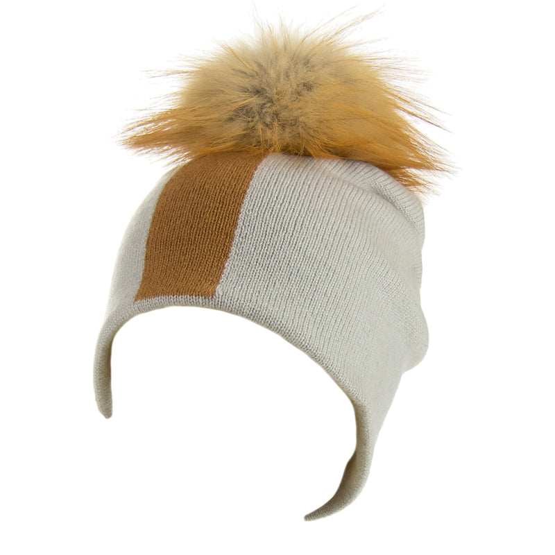 Reversible Slouchy Grey & Caramel Striped Cashmere Hat with Light Caramel Pom-Pom, Hat - Loveknitz