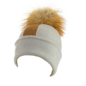 Reversible Slouchy Grey & Caramel Striped Cashmere Hat with Light Caramel Pom-Pom, Hat - Loveknitz