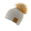 Reversible Slouchy Grey & Caramel Striped Cashmere Hat with Light Caramel Pom-Pom, Hat - Loveknitz