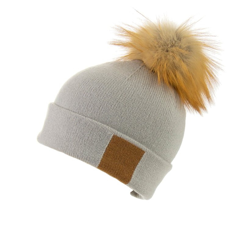 Reversible Slouchy Grey & Caramel Striped Cashmere Hat with Light Caramel Pom-Pom, Hat - Loveknitz