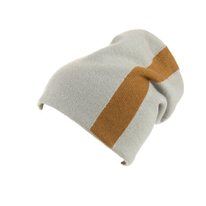 Reversible Slouchy Grey & Caramel Striped Cashmere Hat with Light Caramel Pom-Pom, Hat - Loveknitz
