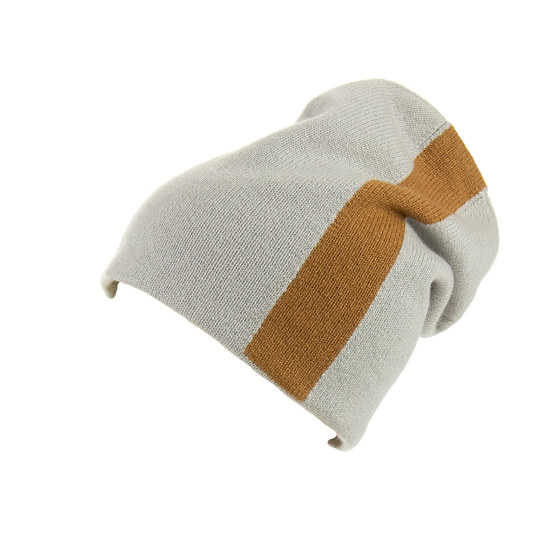 Reversible Slouchy Grey & Caramel Striped Cashmere Hat, Hat - Loveknitz