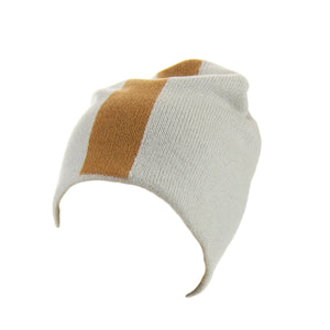 Reversible Slouchy Grey & Caramel Striped Cashmere Hat with Light Caramel Pom-Pom, Hat - Loveknitz