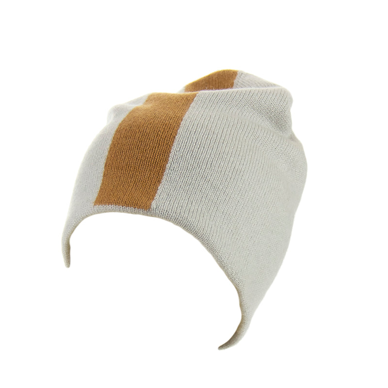 Reversible Slouchy Grey & Caramel Striped Cashmere Hat with Light Caramel Pom-Pom, Hat - Loveknitz