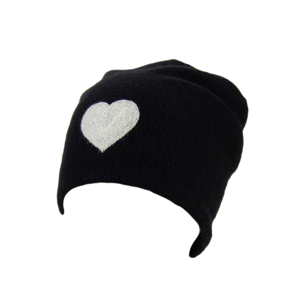 Reversible Slouchy Black Cashmere Hat with White Heart, Hat - Loveknitz