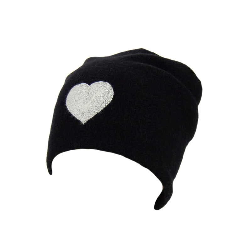 Reversible Slouchy Black Cashmere Hat with White Heart and White Pom-Pom, Hat - Loveknitz