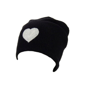 Reversible Slouchy Black Cashmere Hat with White Heart and Black Pom-Pom, Hat - Loveknitz