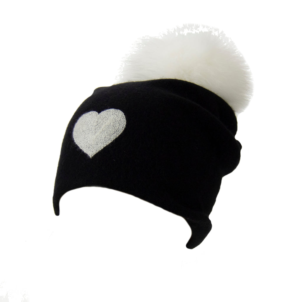 Reversible Slouchy Black Cashmere Hat with White Heart and White Pom-Pom, Hat - Loveknitz