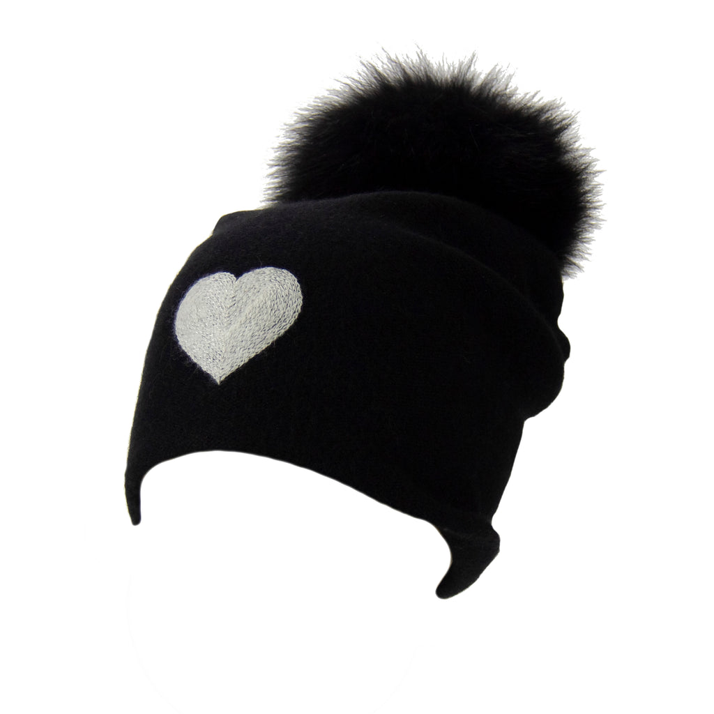 Reversible Slouchy Black Cashmere Hat with White Heart and Black Pom-Pom, Hat - Loveknitz