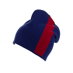 Reversible Slouchy Blue and Red Striped Cashmere Hat with Electric Blue Pom-Pom, Hat - Loveknitz