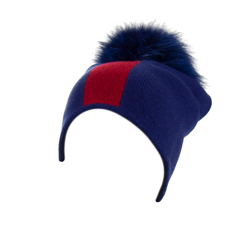 Reversible Slouchy Blue and Red Striped Cashmere Hat with Electric Blue Pom-Pom, Hat - Loveknitz