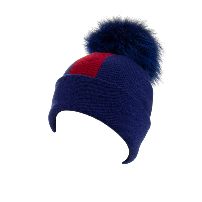 Reversible Slouchy Blue and Red Striped Cashmere Hat with Electric Blue Pom-Pom, Hat - Loveknitz
