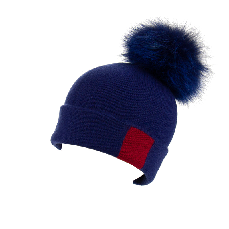 Reversible Slouchy Blue and Red Striped Cashmere Hat with Electric Blue Pom-Pom, Hat - Loveknitz