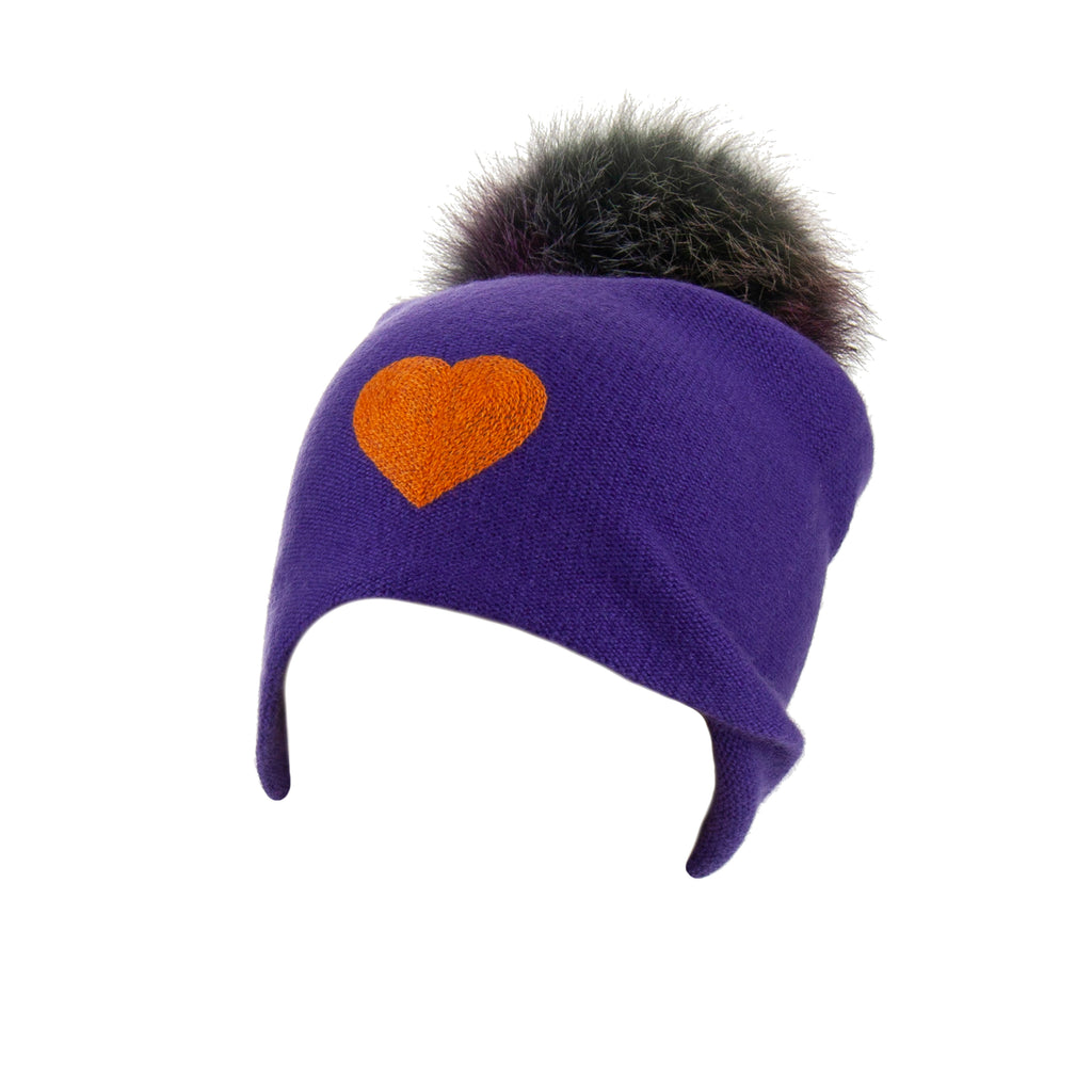 Reversible Slouchy Purple Cashmere Hat with Orange Heart and Rainbow Pom, Hat - Loveknitz