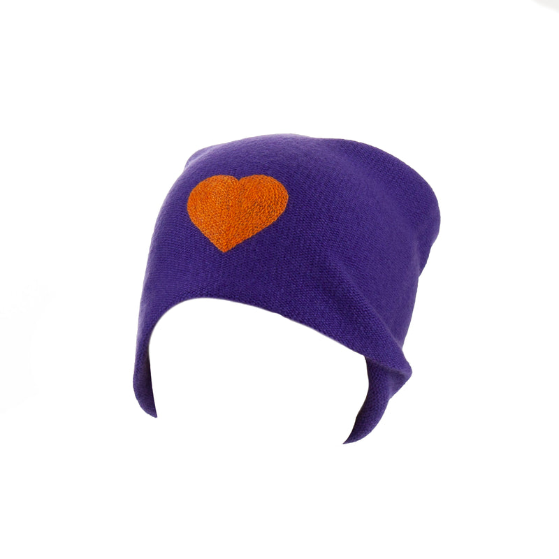 Reversible Slouchy Purple Cashmere Hat with Orange Heart, Hat - Loveknitz