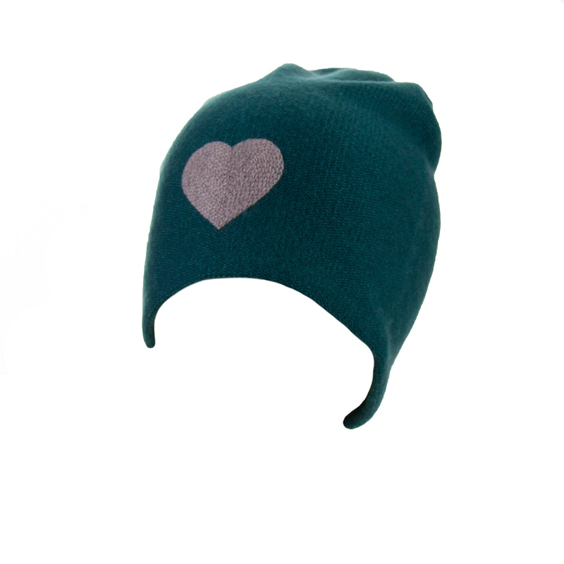 Reversible Slouchy Teal Cashmere Hat with Lilac Heart, Hat - Loveknitz
