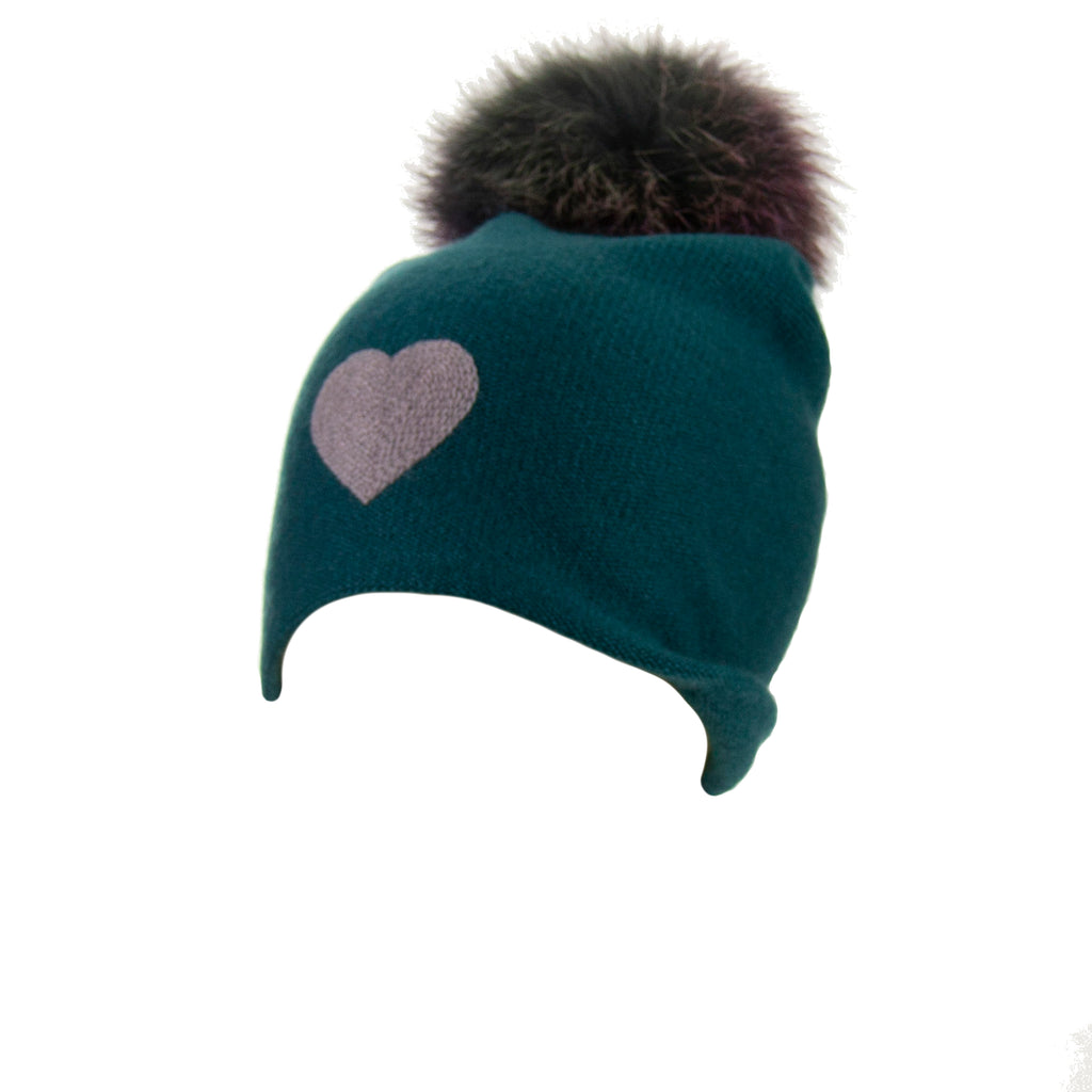 Reversible Slouchy Teal Cashmere Hat with Lilac Heart and Rainbow Pom, Hat - Loveknitz