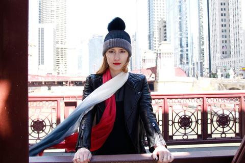 Pearl Stitched Silver Pine Cashmere Hat with Light Caramel Pom