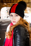 Reversible Slouchy Black and Red Striped Cashmere Hat with Black Pom-Pom, Hat - Loveknitz