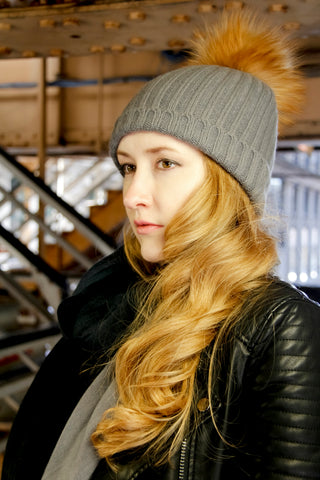 Reversible Slouchy Sand Cashmere Hat with Caramel Pom-Pom