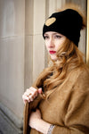 Reversible Slouchy Black Cashmere Hat with Gold Heart and Light Caramel Pom-Pom, Hat - Loveknitz