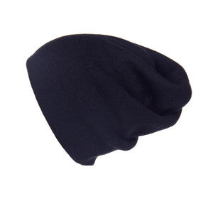 Reversible Slouchy Black Cashmere Hat with White Heart and Black Pom-Pom, Hat - Loveknitz