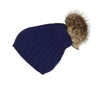 Reversible Slouchy Blue and Red Striped Cashmere Hat with Electric Blue Pom-Pom