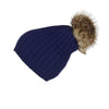 Ribbed Navy Cashmere Hat with Light Caramel Pom-Pom