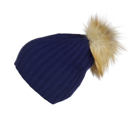 Fold-Over Grey Cashmere Hat with Pine Mist Pom-Pom