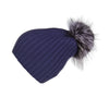 Ribbed Grey Cashmere Hat with Electric Blue Pom-Pom