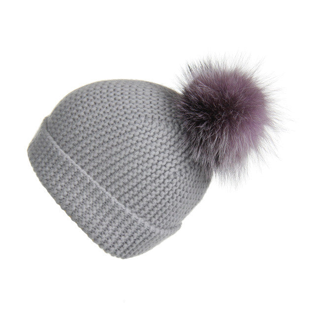 Pearl Stitched Light Grey Cashmere Hat with Lilac Pom-Pom, Hat with Pom - Loveknitz