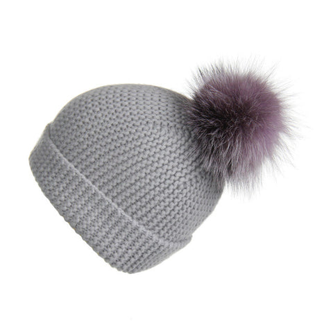 Pearl Stitched Light Grey Cashmere Hat with Dark Lilac Pom-Pom